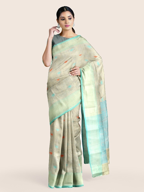 

Pothys Silver-Toned & Blue Ethnic Motifs Woven Design Muslin Saree