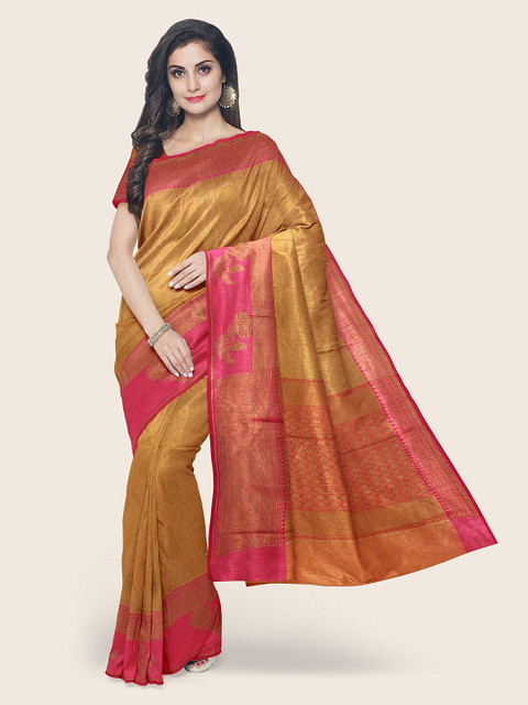 

Pothys Orange & Pink Floral Zari Kora Muslin Saree