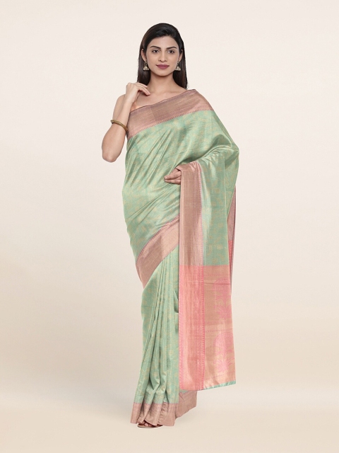 

Pothys Blue & Pink Floral Zari Kora Muslin Saree