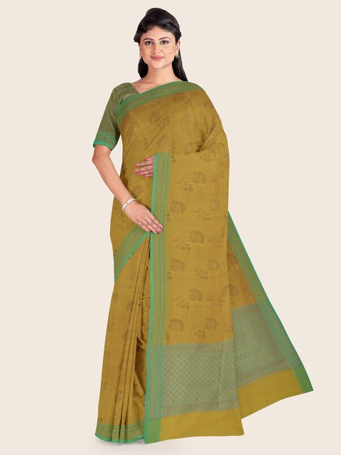 

Pothys Yellow & Green Floral Zari Kora Muslin Saree