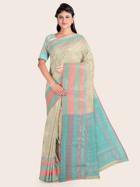 

Pothys Grey & Turquoise Blue Ethnic Motifs Zari Tissue Saree