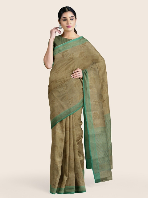 

Pothys Tan & Green Ethnic Motifs Zari Tissue Saree