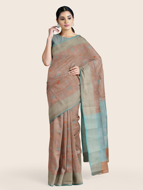 

Pothys Peach-Coloured & Blue Woven Design Zari Tissue Saree