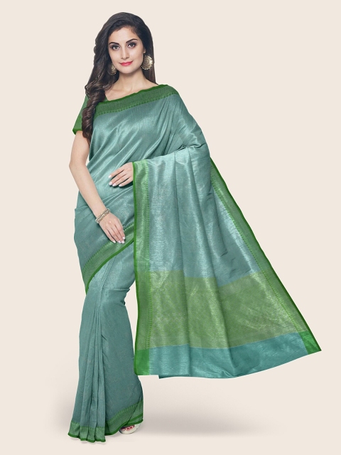 

Pothys Teal & Silver-Toned Woven Design Zari Tissue Saree