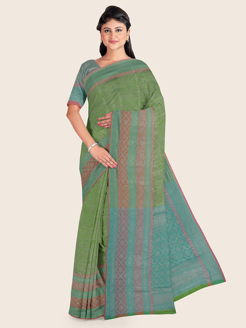 

Pothys Green & Peach-Coloured Floral Zari Kora Muslin Saree