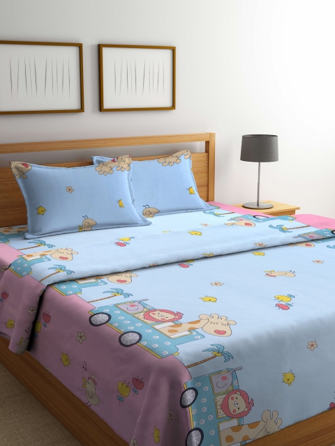 

KLOTTHE Blue & Pink Printed Cotton Double King Bedding Set