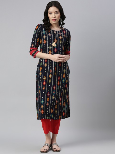 

Neerus Women Navy Blue & Orange Geometric Printed Kurta