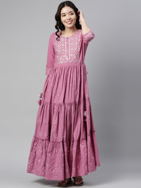 Neerus Women Lavender & Silver-Toned Floral Anarkali Kurta