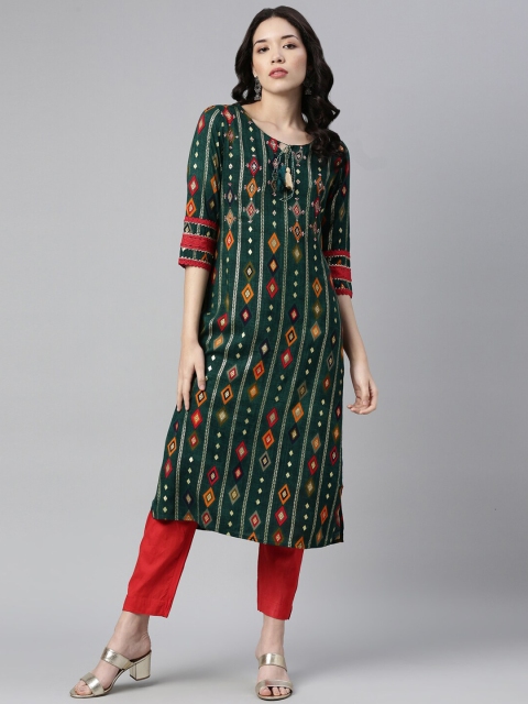 

Neerus Women Green Geometric Printed Kurta