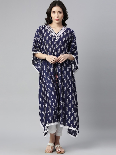 

Neerus Women Blue & White Ethnic Motifs Printed Flared Sleeves Kaftan Kurta