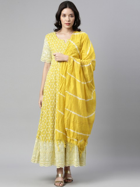 

Neerus Women Yellow & White Geometric Embroidered Kantha Work Floral Anarkali Kurta