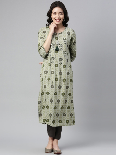 

Neerus Women Green Geometric Printed Keyhole Neck Floral Kurta