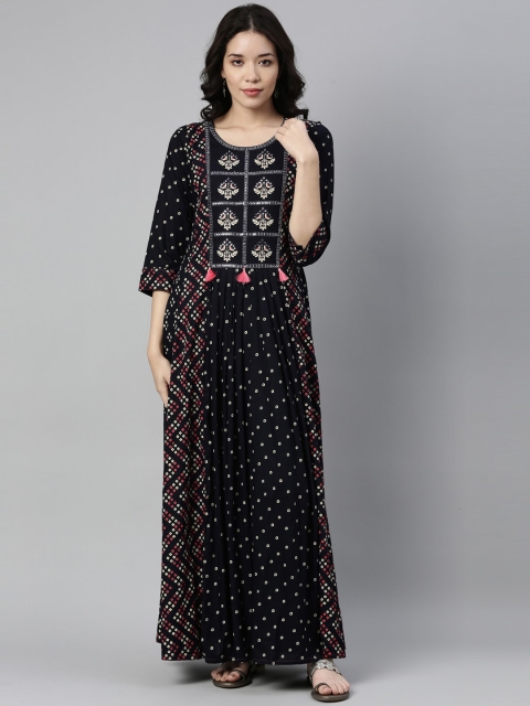 

Neerus Women Navy Blue Geometric Yoke Design Anarkali Kurta