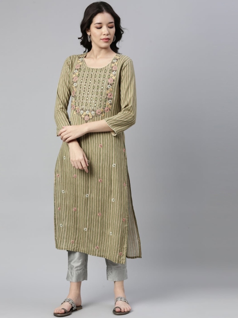 

Neerus Women Green & Off White Striped Thread Work Kurta