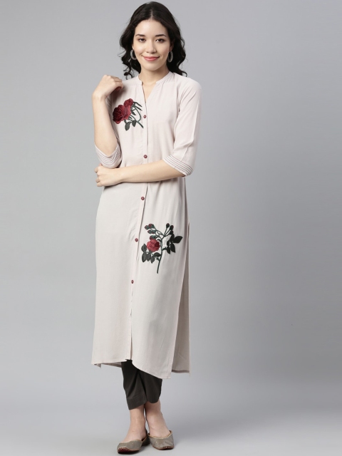 

Neerus Women Off White & Red Floral Embroidered Thread Work Floral Kurta