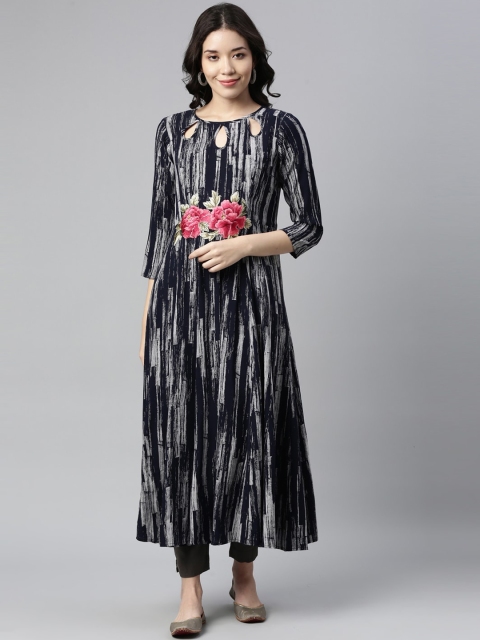 

Neerus Women Navy Blue & White Printed Keyhole Neck Thread Work Floral Anarkali Kurta