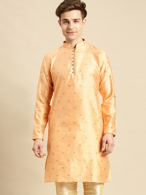

Sanwara Men Peach-Coloured Floral Woven Designer Jacquard Thread Work Kurta