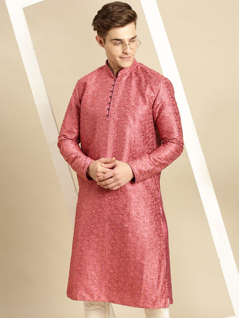 

Sanwara Men Pink Geometric Embroidered Designer Art Silk Thread Work Anarkali Kurta