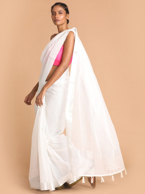 

Indethnic White Solid Kota Saree