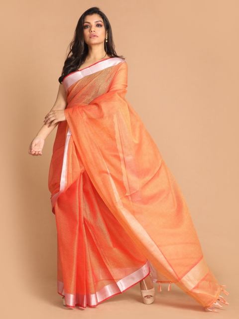 

Indethnic Orange & Silver-Toned Zari Silk Cotton Kota Saree
