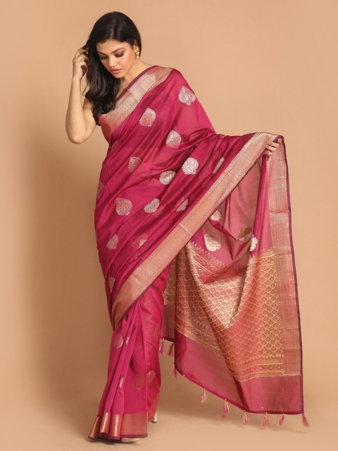 

Indethnic Magenta & Gold Ethnic Motifs Zari Banarasi Saree