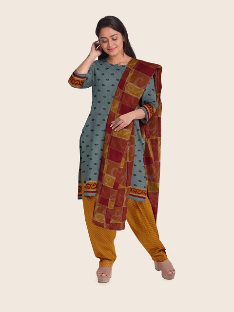 

Pothys Grey & Magenta Printed Unstitched Dress Material
