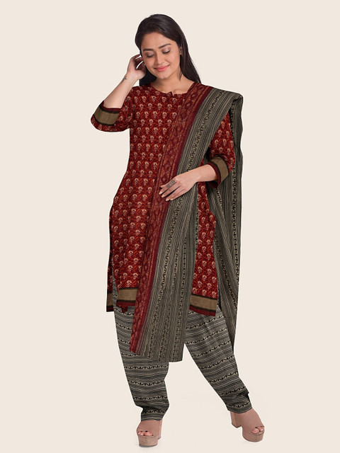 

Pothys Red & Grey Printed Unstitched Dress Material