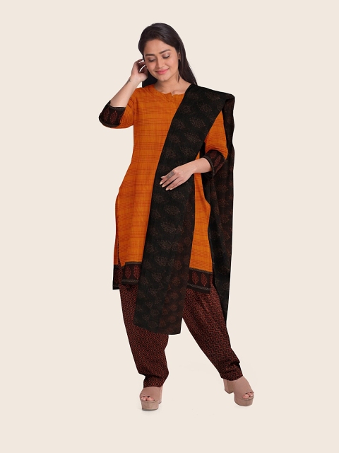 

Pothys Orange & Brown Printed Unstitched Dress Material