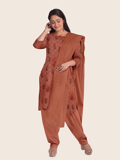 

Pothys Peach-Coloured & Green Embroidered Unstitched Dress Material