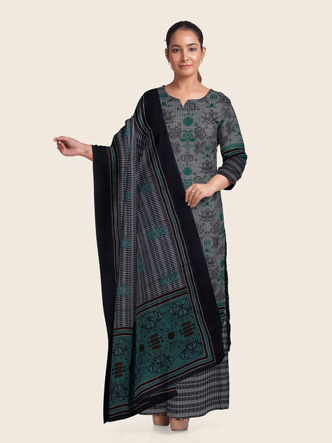 

Pothys Grey & Green Printed Unstitched Dress Material