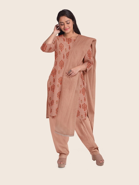 

Pothys Peach-Coloured & Pink Printed Unstitched Dress Material