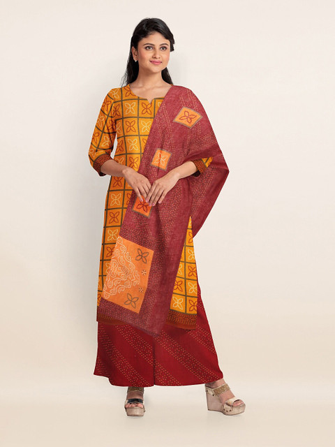 

Pothys Yellow & Maroon Printed Unstitched Dress Material