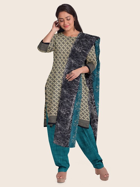 

Pothys Cream-Coloured & Blue Printed Unstitched Dress Material