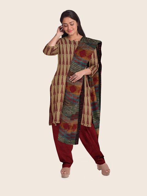 

Pothys Gold-Toned & Maroon Printed Unstitched Dress Material