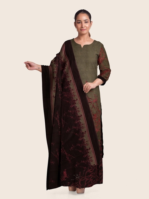 

Pothys Green & Brown Printed Unstitched Dress Material
