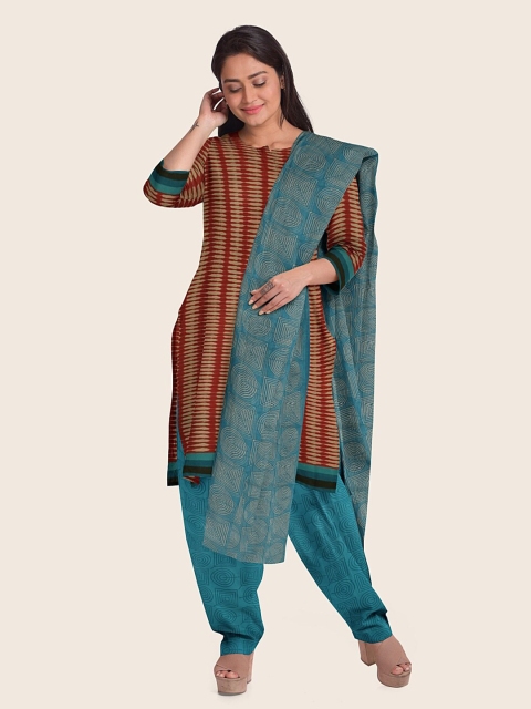 

Pothys Rust & Blue Printed Unstitched Dress Material