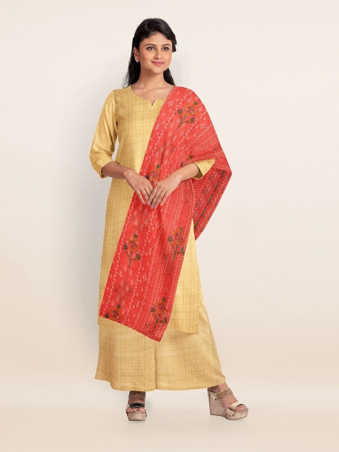 

Pothys Gold-Toned & Peach-Coloured Printed Unstitched Dress Material