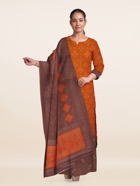 

Pothys Orange & Brown Printed Unstitched Dress Material