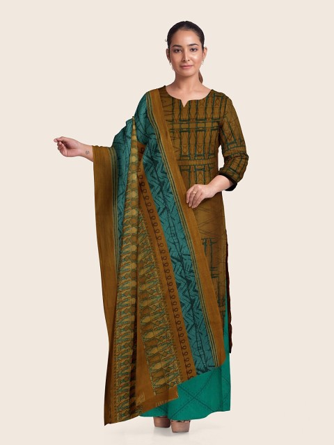 

Pothys Mustard & Blue Printed Unstitched Dress Material
