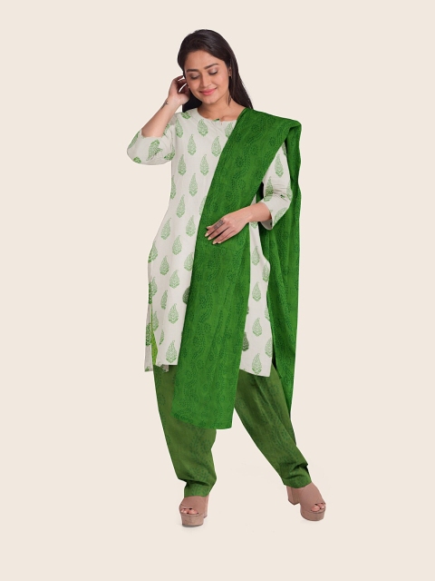 

Pothys White & Green Printed Unstitched Dress Material