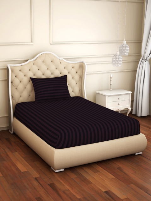 

WELHOME Black & Purple Striped 104 TC Single Bedsheet with 1 Pillow Covers