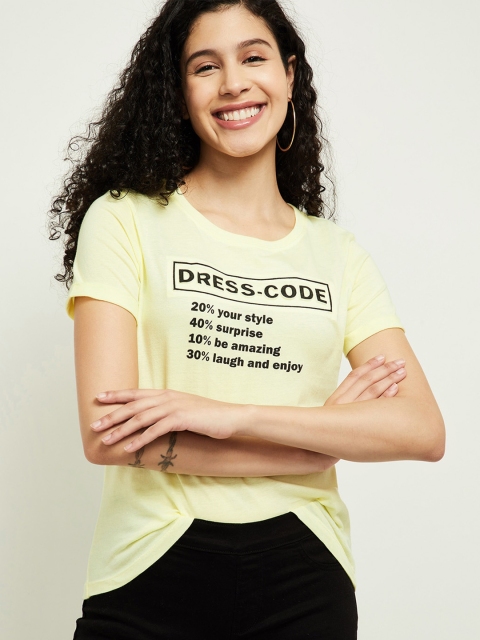 

max Women Yellow Typography Printed Cotton T-shirt