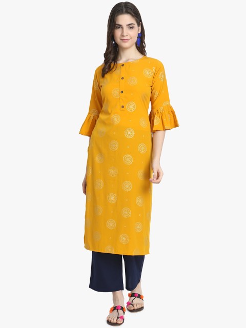 

ALC Creations Women Yellow & Navy Blue Floral Printed Kurta With Palazzos