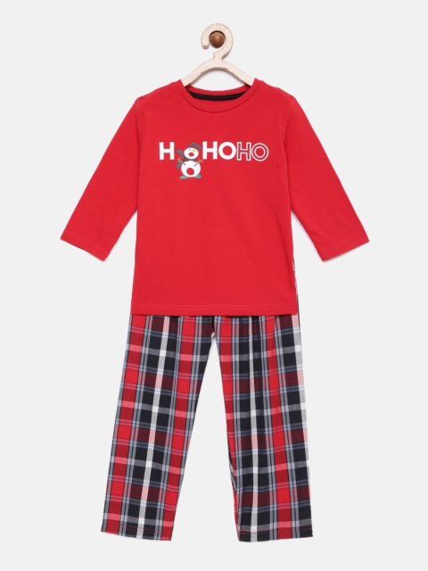 

mackly Kids Red & Black Ho Ho! Christmas Printed Night suit