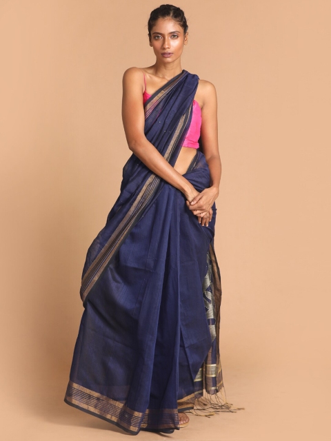 

Indethnic Navy Blue & Gold-Toned Zari Jamdani Saree