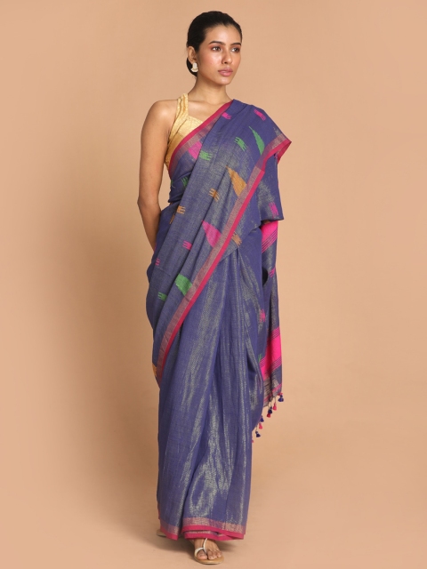 

Indethnic Navy Blue & Pink Jamdani Saree
