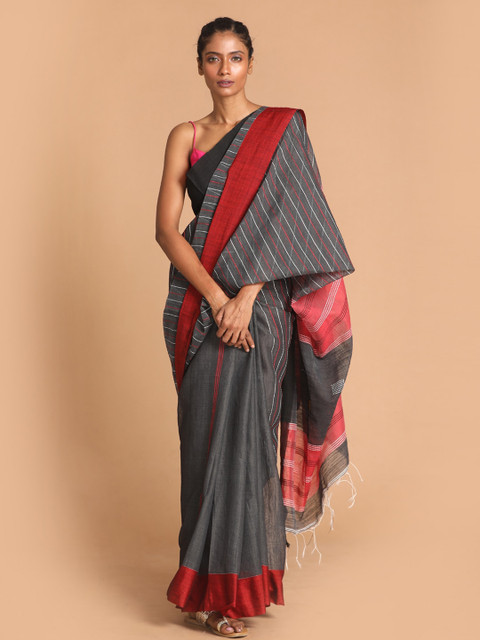 

Indethnic Grey & Red Striped Jamdani Saree