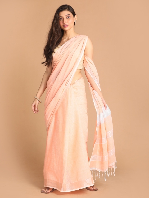 

Indethnic Peach-Coloured & Silver-Toned Zari Pure Cotton Jamdani Saree