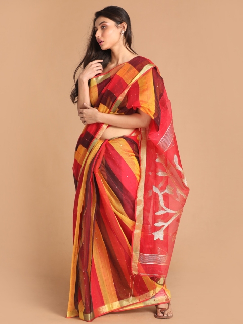 

Indethnic Red & Beige Colourblocked Zari Jamdani Saree