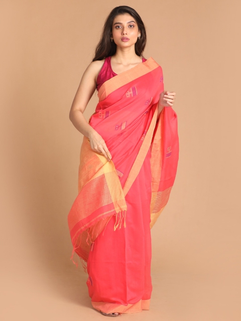 

Indethnic Coral & Yellow Woven Design Jamdani Saree